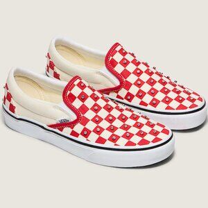 Vans Classic Slip-On – Red & White Checkerboard with Rhinestone Studs